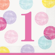 Papírové ubrousky - 1. narozeniny růžové puntíky, 16 ks