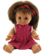 Panenka miminko holčička 30 cm pevné tělíčko červené šatičky s puntíky